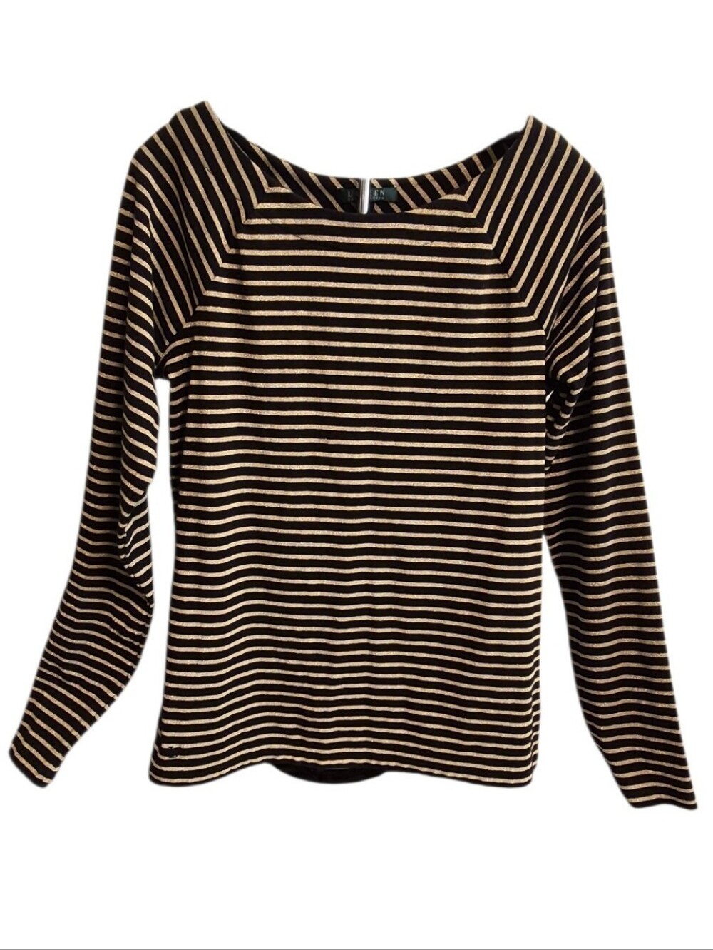 Lauren Ralph Lauren Black and Gold Metallic Striped Long-sleeve Top - Size XL